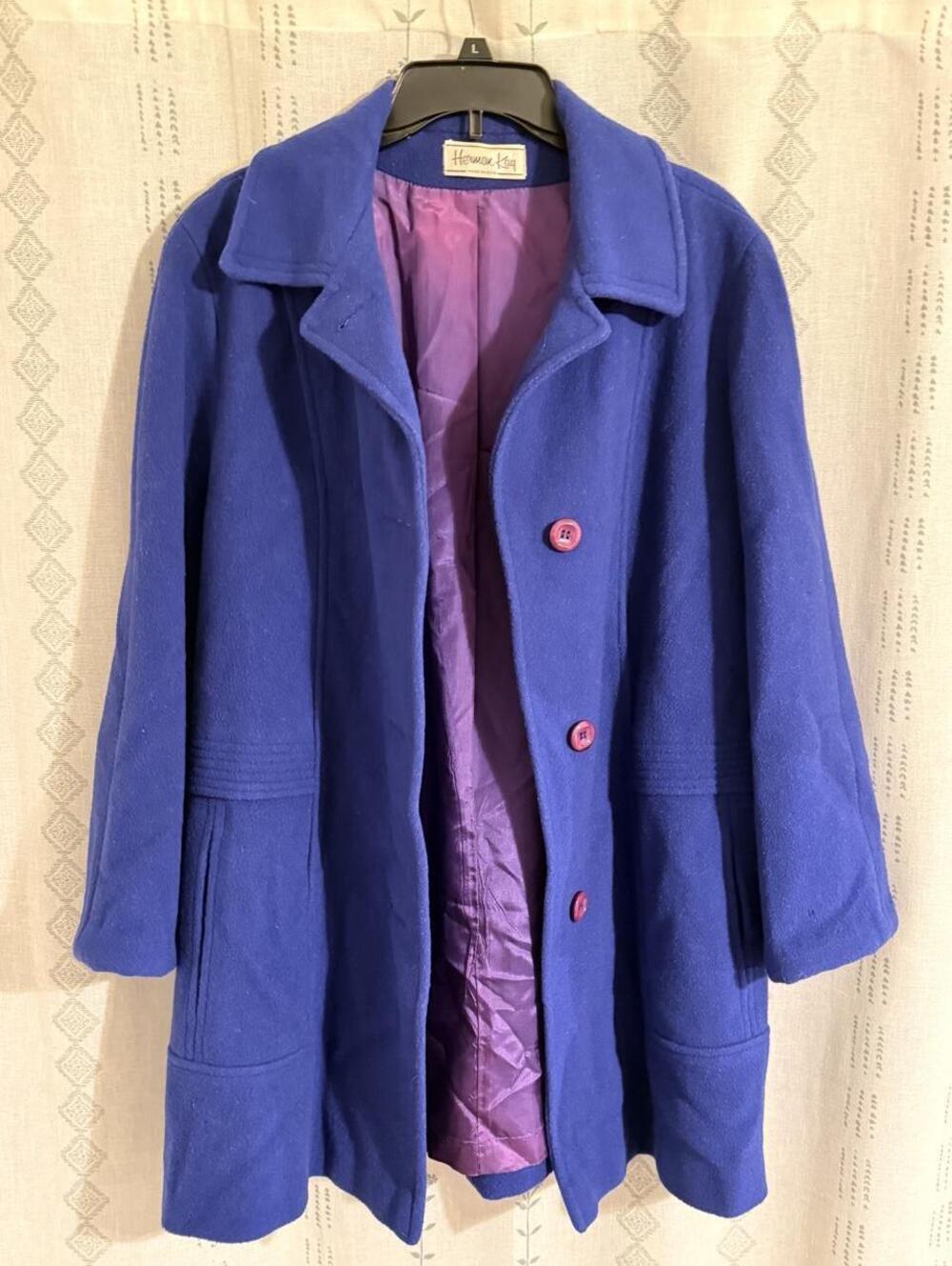 VTG 80s Herman Kay Coraline Made in USA Cobalt Blue Wool Blend Coat PurpleLining